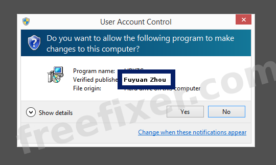 Screenshot where Fuyuan Zhou appears as the verified publisher in the UAC dialog